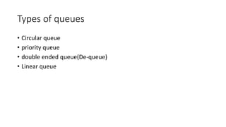 Types of queues
• Circular queue
• priority queue
• double ended queue(De-queue)
• Linear queue
 