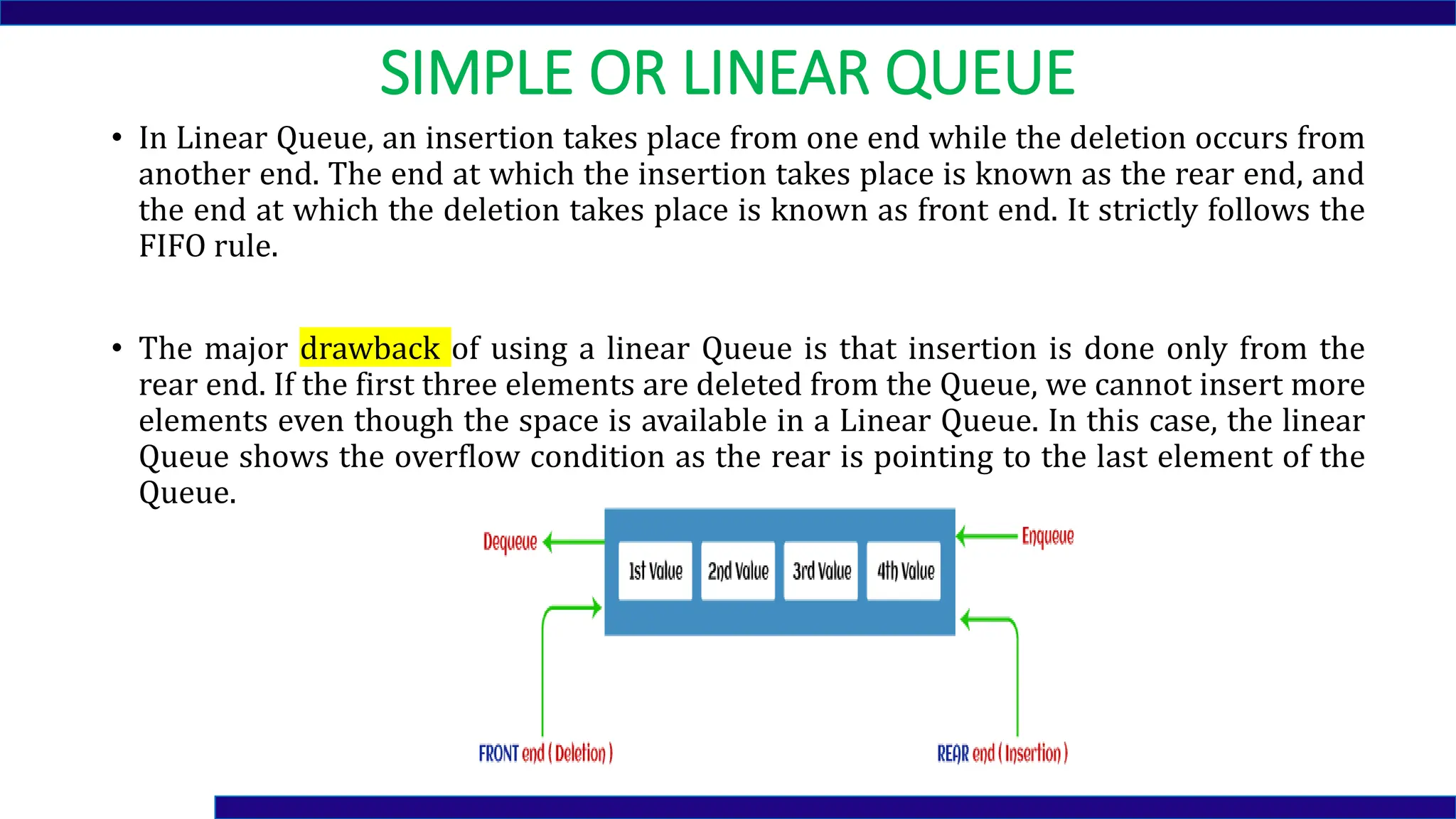 SIMPLE OR LINEAR QUEUE
• In Linear Queue, an insertion takes place from one end while the deletion occurs from
another end. The end at which the insertion takes place is known as the rear end, and
the end at which the deletion takes place is known as front end. It strictly follows the
FIFO rule.
• The major drawback of using a linear Queue is that insertion is done only from the
rear end. If the first three elements are deleted from the Queue, we cannot insert more
elements even though the space is available in a Linear Queue. In this case, the linear
Queue shows the overflow condition as the rear is pointing to the last element of the
Queue.
 