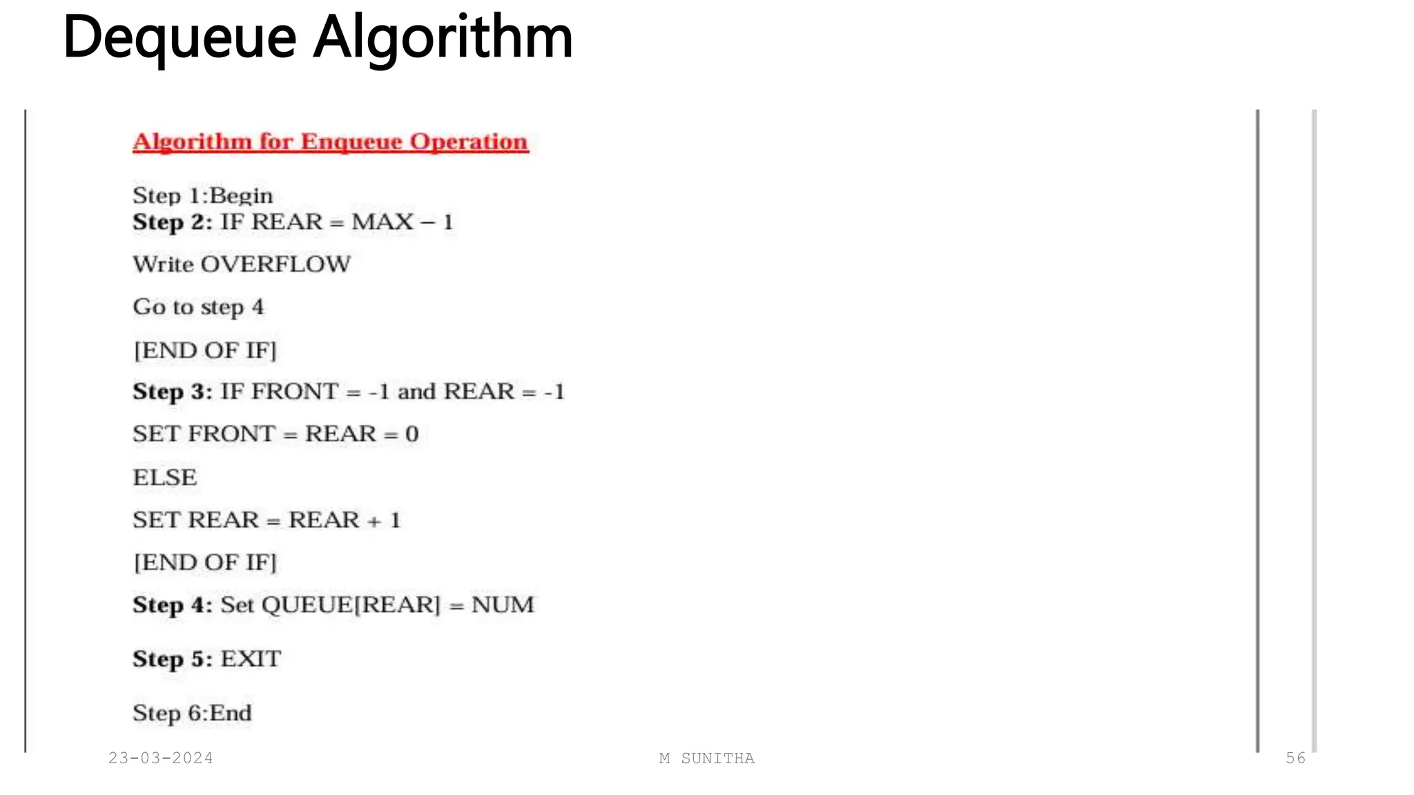 Dequeue Algorithm
23-03-2024 M SUNITHA 56
 