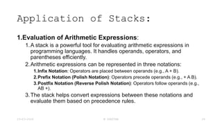 Application of Stacks:
1.Evaluation of Arithmetic Expressions:
1.A stack is a powerful tool for evaluating arithmetic expressions in
programming languages. It handles operands, operators, and
parentheses efficiently.
2.Arithmetic expressions can be represented in three notations:
1.Infix Notation: Operators are placed between operands (e.g., A + B).
2.Prefix Notation (Polish Notation): Operators precede operands (e.g., + A B).
3.Postfix Notation (Reverse Polish Notation): Operators follow operands (e.g.,
AB +).
3.The stack helps convert expressions between these notations and
evaluate them based on precedence rules.
23-03-2024 M SUNITHA 26
 