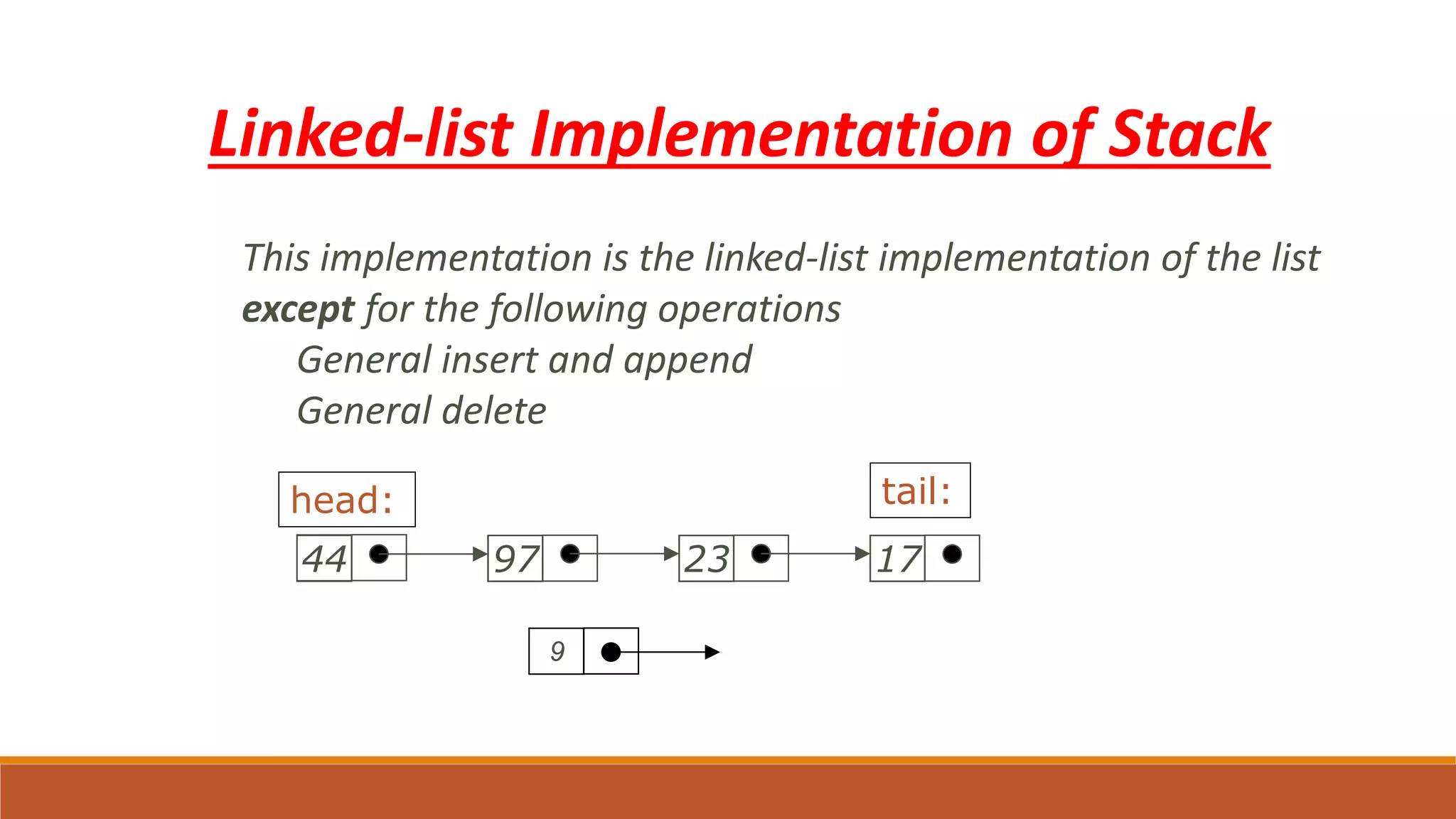 Linked-list Implementation of Stack
This implementation is the linked-list implementation of the list
except for the following operations
General insert and append
General delete
44 97 23 17
head: tail:
9
 