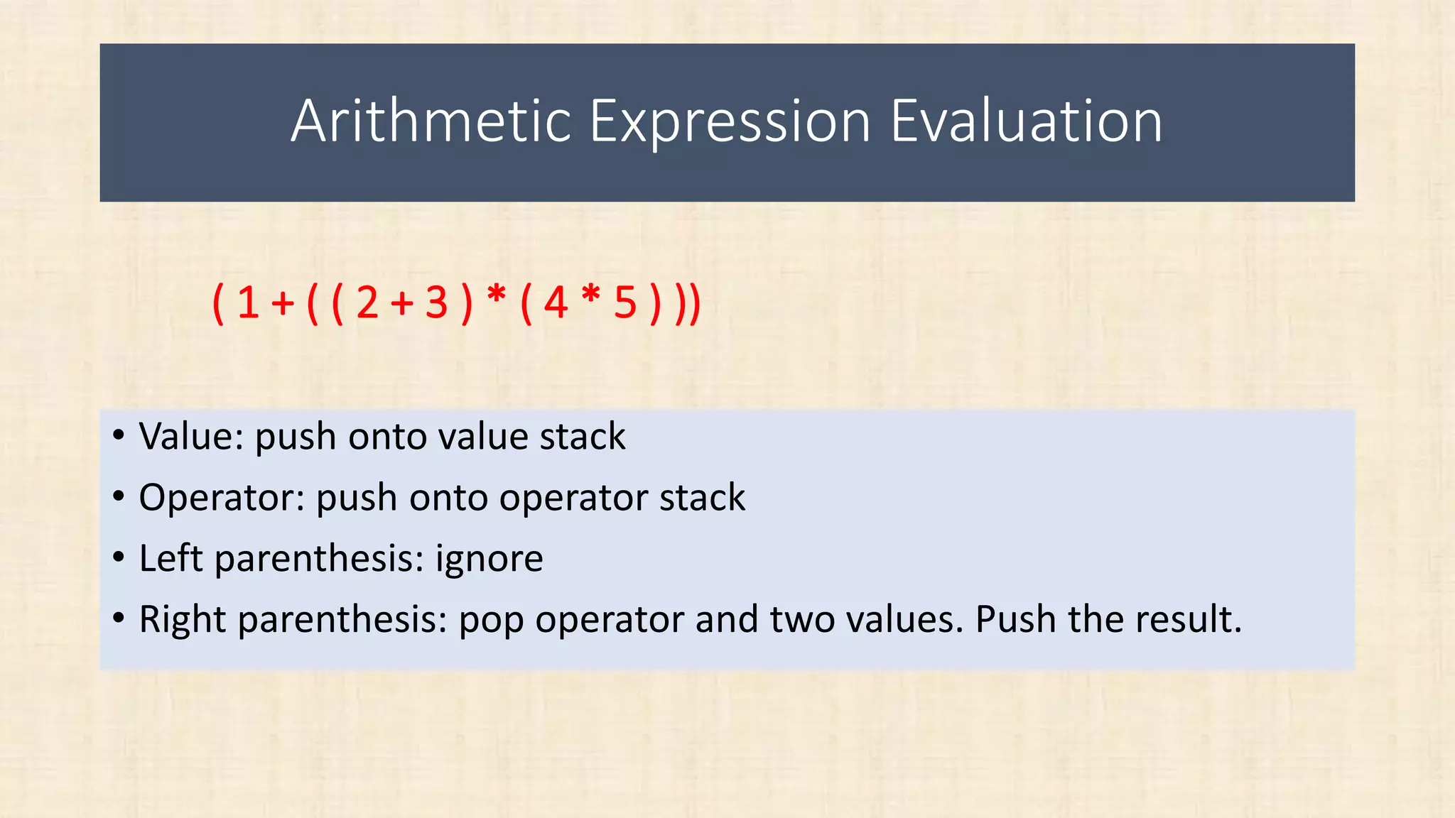 Arithmetic Expression Evaluation
• Value: push onto value stack
• Operator: push onto operator stack
• Left parenthesis: ignore
• Right parenthesis: pop operator and two values. Push the result.
( 1 + ( ( 2 + 3 ) * ( 4 * 5 ) ))
 