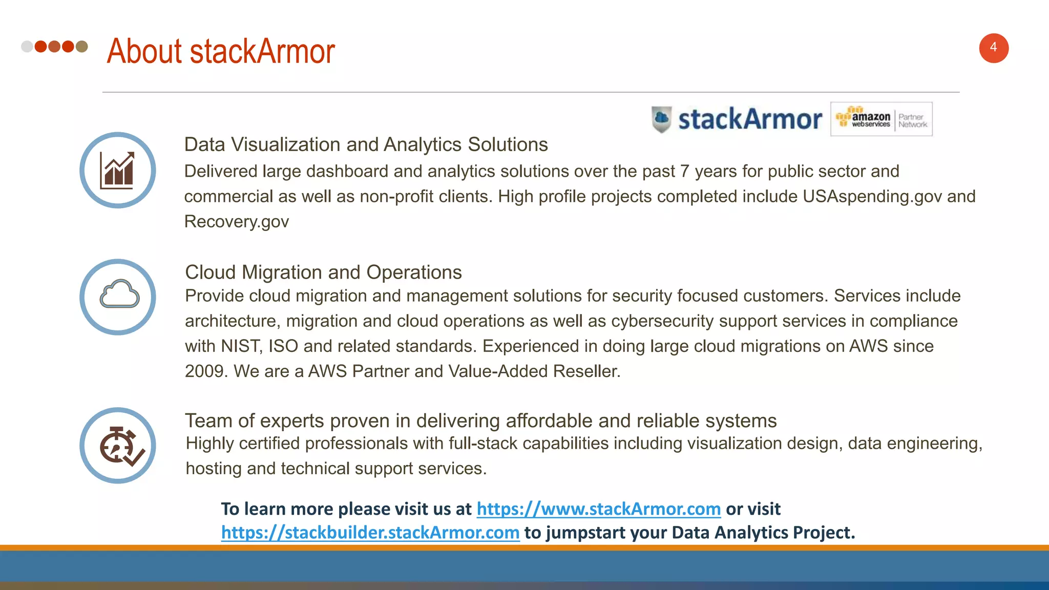 4
Data Visualization and Analytics Solutions
Delivered large dashboard and analytics solutions over the past 7 years for public sector and
commercial as well as non-profit clients. High profile projects completed include USAspending.gov and
Recovery.gov
Cloud Migration and Operations
Provide cloud migration and management solutions for security focused customers. Services include
architecture, migration and cloud operations as well as cybersecurity support services in compliance
with NIST, ISO and related standards. Experienced in doing large cloud migrations on AWS since
2009. We are a AWS Partner and Value-Added Reseller.
Team of experts proven in delivering affordable and reliable systems
Highly certified professionals with full-stack capabilities including visualization design, data engineering,
hosting and technical support services.
About stackArmor
To learn more please visit us at https://www.stackArmor.com or visit
https://stackbuilder.stackArmor.com to jumpstart your Data Analytics Project.
 