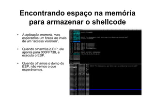 Encontrando espaço na memória
      para armazenar o shellcode
•   A aplicação morrerá, mas
    esperamos um break ao invés
    de um “access violation”.

•   Quando olharmos o EIP, ele
    aponta para 000FF730, e
    executa o ESP.

•   Quando olhamos o dump do
    ESP, não vemos o que
    esperávamos.
 