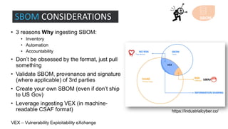 • 3 reasons Why ingesting SBOM:
• Inventory
• Automation
• Accountability
• Don’t be obsessed by the format, just pull
something
• Validate SBOM, provenance and signature
(where applicable) of 3rd parties
• Create your own SBOM (even if don’t ship
to US Gov)
• Leverage ingesting VEX (in machine-
readable CSAF format)
SBOM CONSIDERATIONS SBOM
VEX – Vulnerability Exploitability eXchange
https://industrialcyber.co/
 