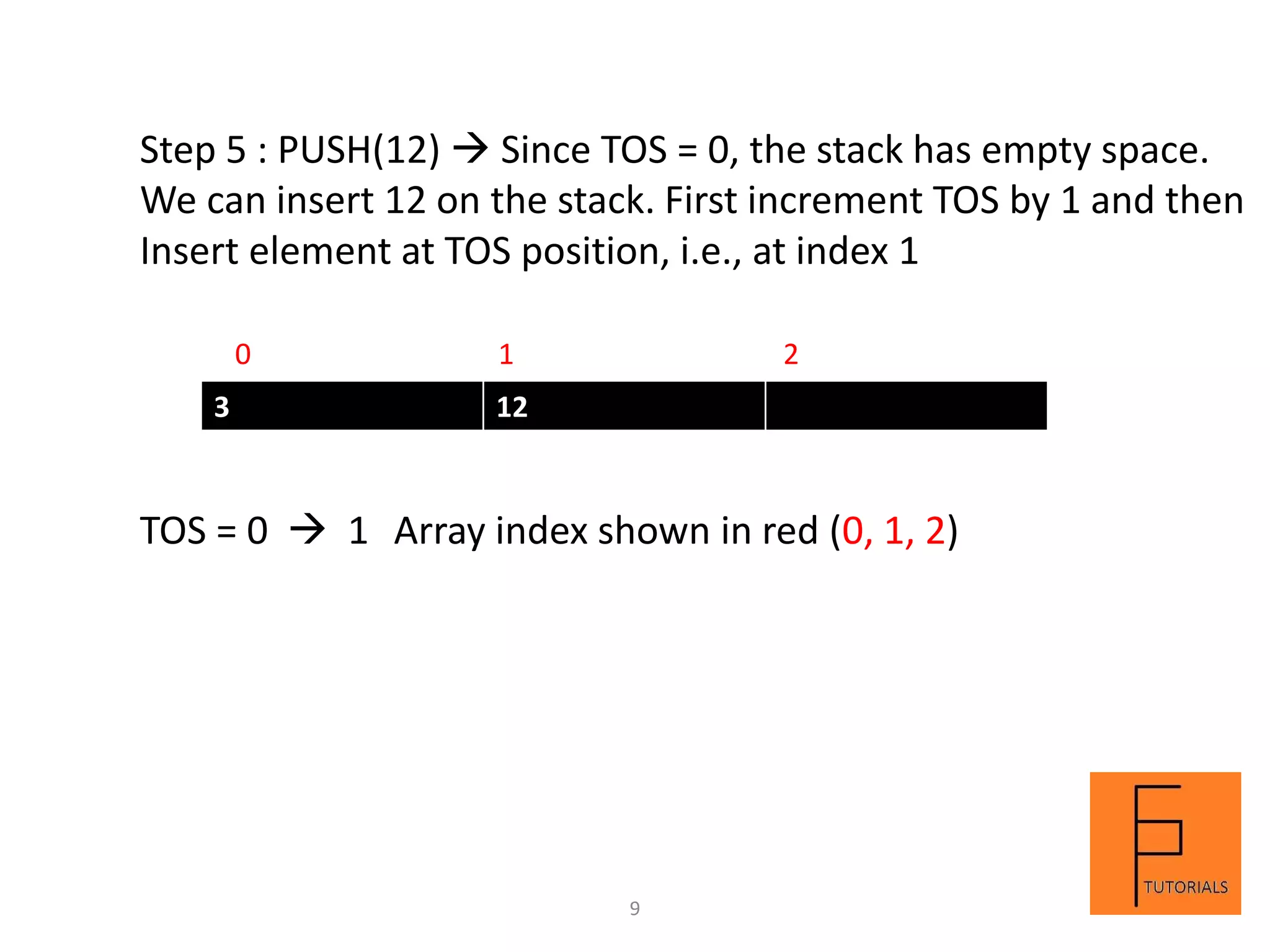 3 12
Step 5 : PUSH(12)  Since TOS = 0, the stack has empty space.
We can insert 12 on the stack. First increment TOS by 1 and then
Insert element at TOS position, i.e., at index 1
0 1 2
TOS = 0  1 Array index shown in red (0, 1, 2)
9
 