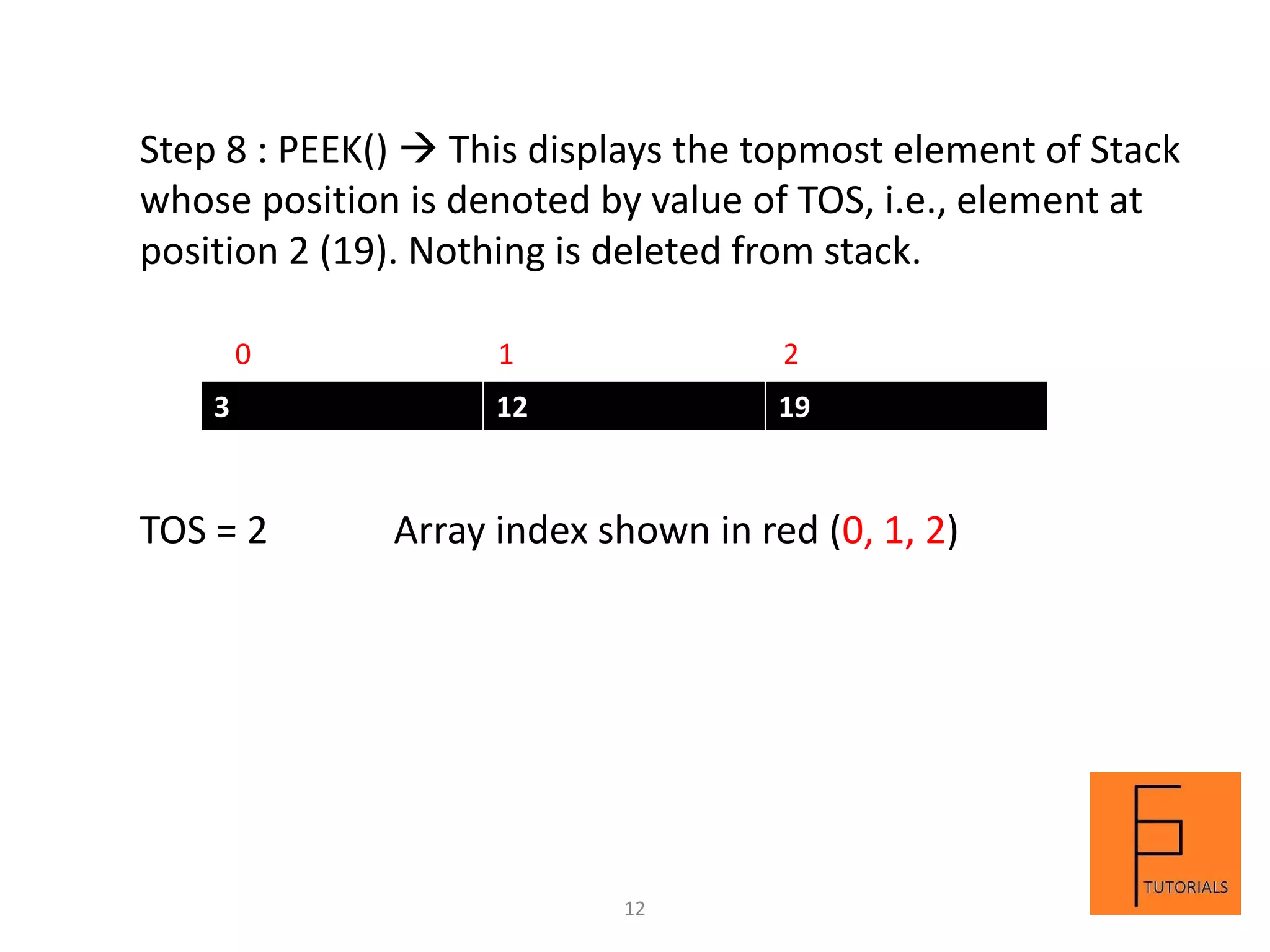3 12 19
Step 8 : PEEK()  This displays the topmost element of Stack
whose position is denoted by value of TOS, i.e., element at
position 2 (19). Nothing is deleted from stack.
0 1 2
TOS = 2 Array index shown in red (0, 1, 2)
12
 
