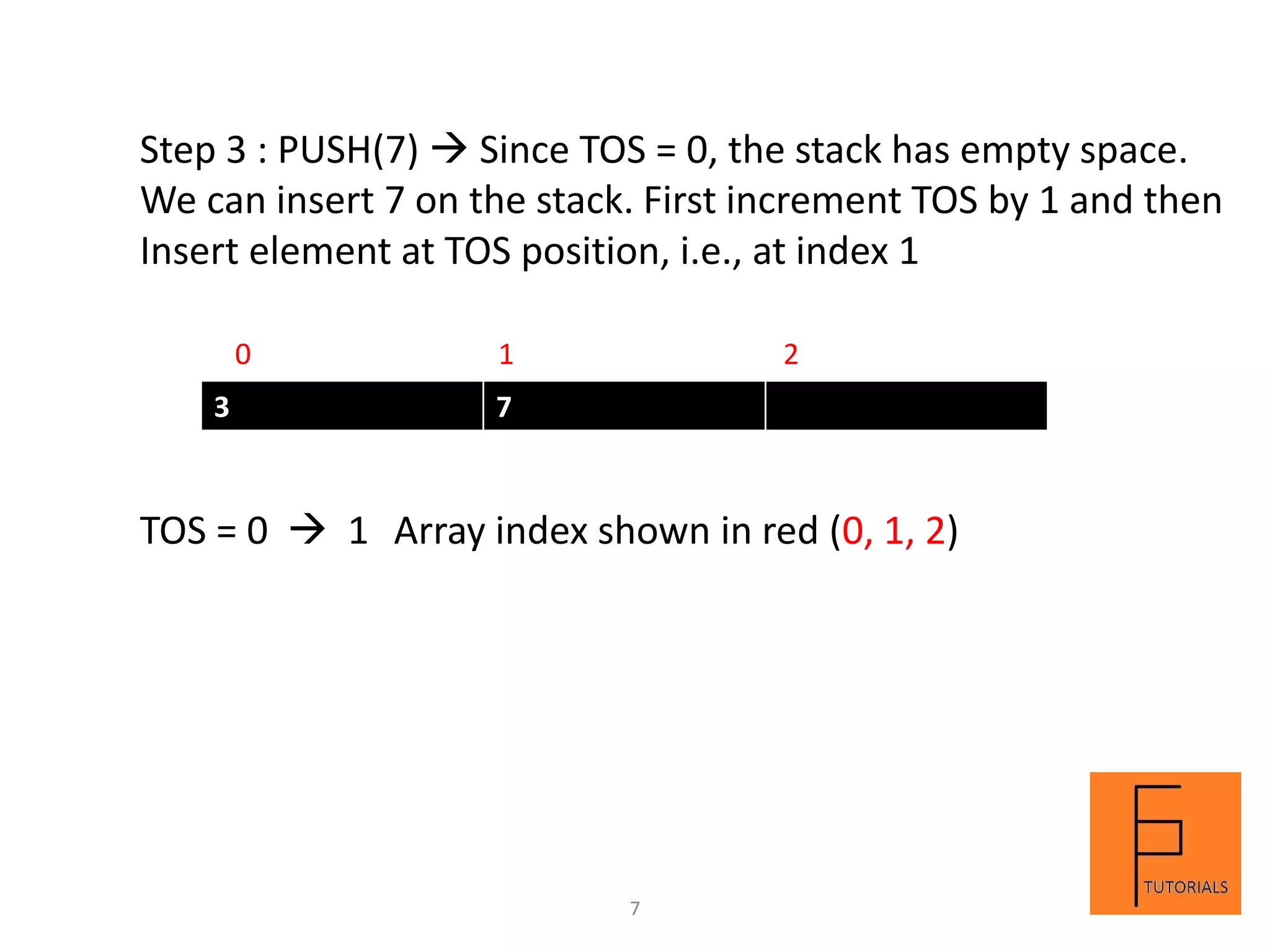 3 7
Step 3 : PUSH(7)  Since TOS = 0, the stack has empty space.
We can insert 7 on the stack. First increment TOS by 1 and then
Insert element at TOS position, i.e., at index 1
0 1 2
TOS = 0  1 Array index shown in red (0, 1, 2)
7
 