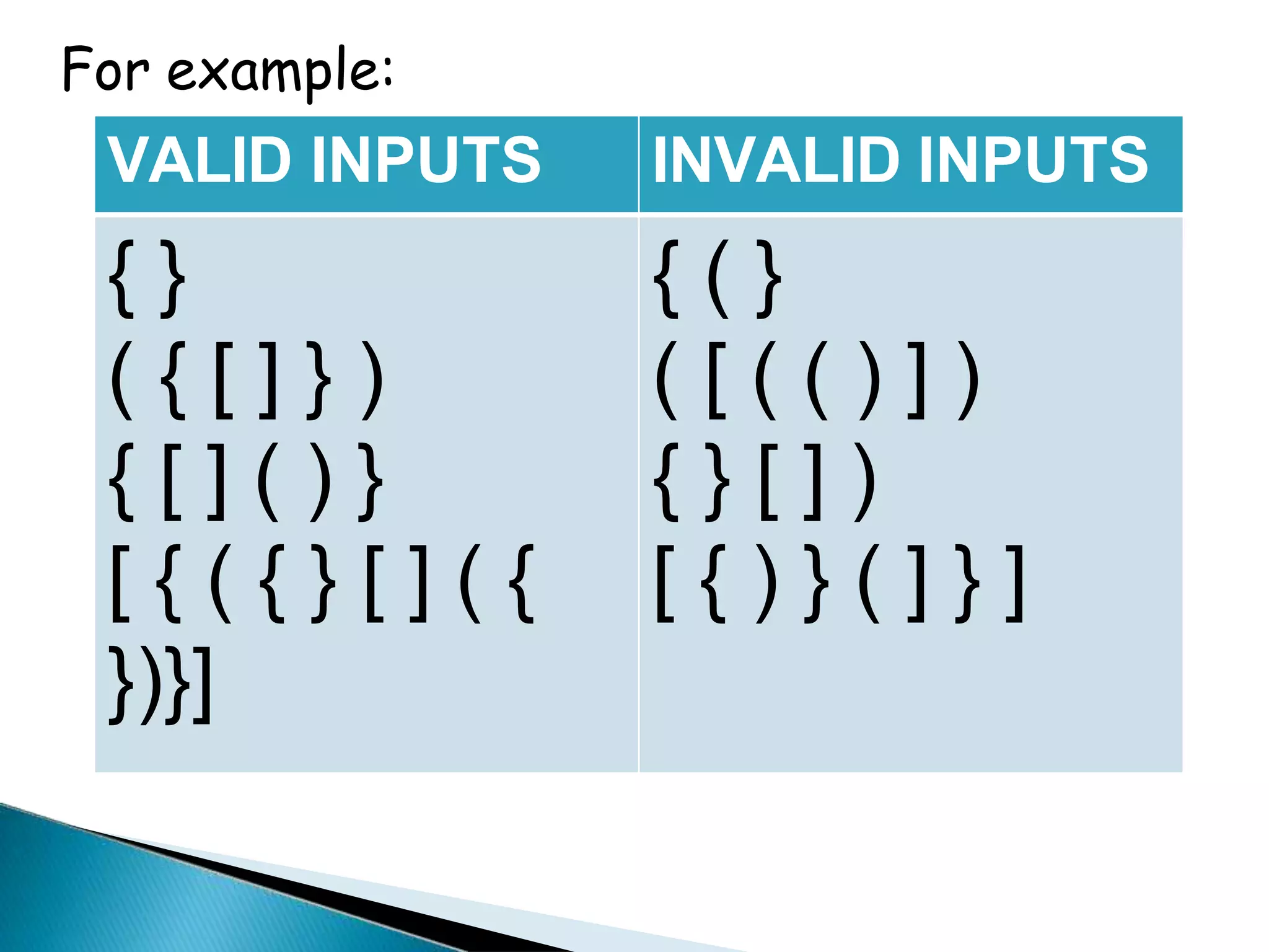 For example:
VALID INPUTS INVALID INPUTS
{ } { ( }
( { [ ] } ) ( [ ( ( ) ] )
{ [ ] ( ) } { } [ ] )
[ { ( { } [ ] ( { [ { ) } ( ] } ]
})}]
 