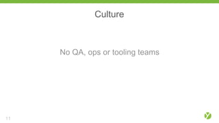 Culture
No QA, ops or tooling teams
11
 