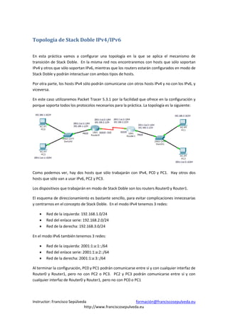 Topología de Stack Doble IPv4/IPv6

En esta práctica vamos a configurar una topología en la que se aplica el mecanismo de
transición de Stack Doble. En la misma red nos encontraremos con hosts que sólo soportan
IPv4 y otros que sólo soportan IPv6, mientras que los routers estarán configurados en modo de
Stack Doble y podrán interactuar con ambos tipos de hosts.

Por otra parte, los hosts IPv4 sólo podrán comunicarse con otros hosts IPv4 y no con los IPv6, y
viceversa.

En este caso utilizaremos Packet Tracer 5.3.1 por la facilidad que ofrece en la configuración y
porque soporta todos los protocolos necesarios para la práctica. La topología es la siguiente:




Como podemos ver, hay dos hosts que sólo trabajarán con IPv4, PC0 y PC1. Hay otros dos
hosts que sólo van a usar IPv6, PC2 y PC3.

Los dispositivos que trabajarán en modo de Stack Doble son los routers Router0 y Router1.

El esquema de direccionamiento es bastante sencillo, para evitar complicaciones innecesarias
y centrarnos en el concepto de Stack Doble. En el modo IPv4 tenemos 3 redes:

       Red de la izquierda: 192.168.1.0/24
       Red del enlace serie: 192.168.2.0/24
       Red de la derecha: 192.168.3.0/24

En el modo IPv6 también tenemos 3 redes:

       Red de la izquierda: 2001:1:a:1::/64
       Red del enlace serie: 2001:1:a:2::/64
       Red de la derecha: 2001:1:a:3::/64

Al terminar la configuración, PC0 y PC1 podrán comunicarse entre sí y con cualquier interfaz de
Router0 y Router1, pero no con PC2 o PC3. PC2 y PC3 podrán comunicarse entre sí y con
cualquier interfaz de Router0 y Router1, pero no con PC0 o PC1




Instructor: Francisco Sepúlveda                           formación@franciscosepulveda.eu
                              http://www.franciscosepulveda.eu
 