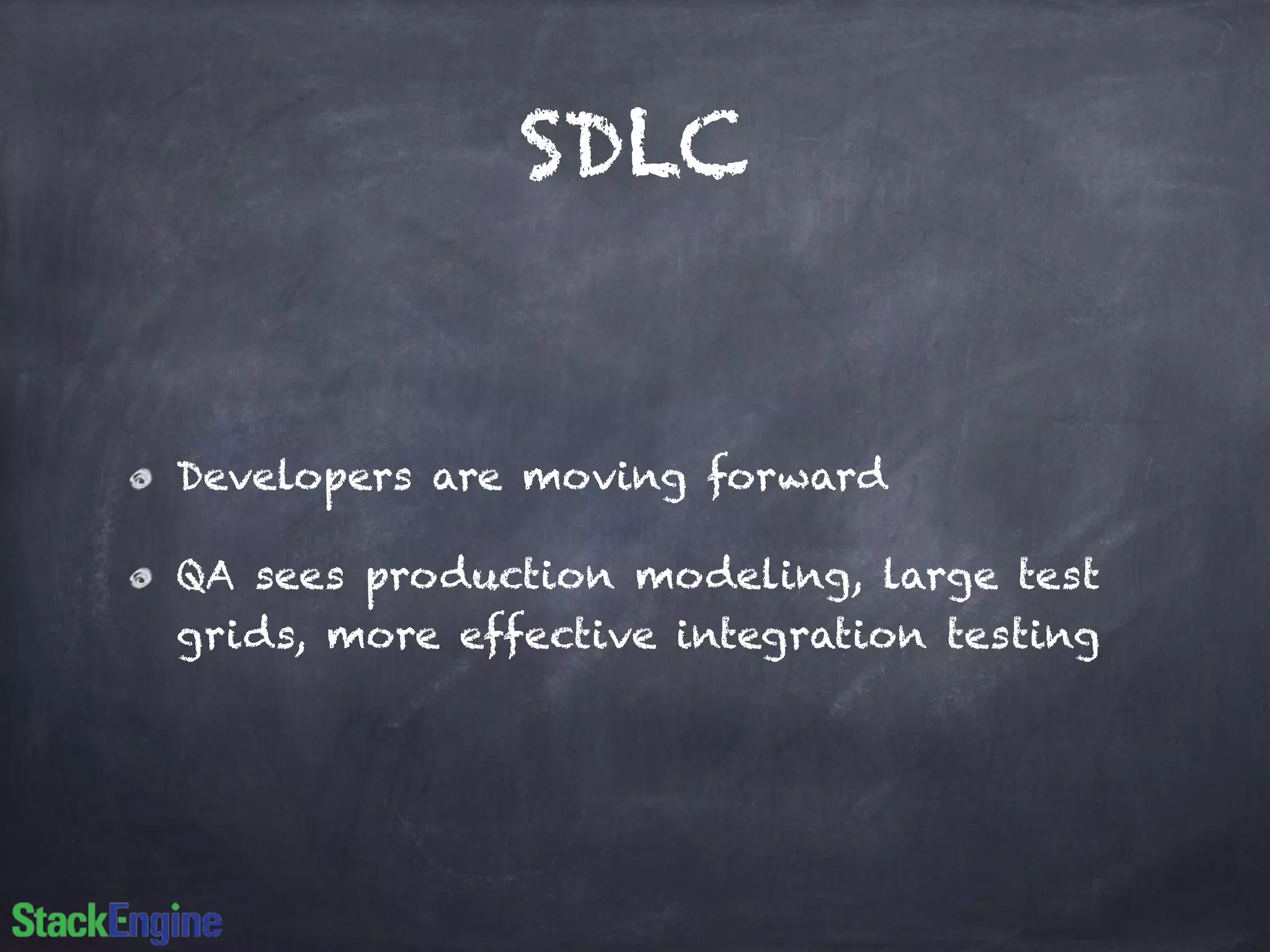SDLC 
Developers are moving forward 
QA sees production modeling, large test 
grids, more effective integration testing 
 