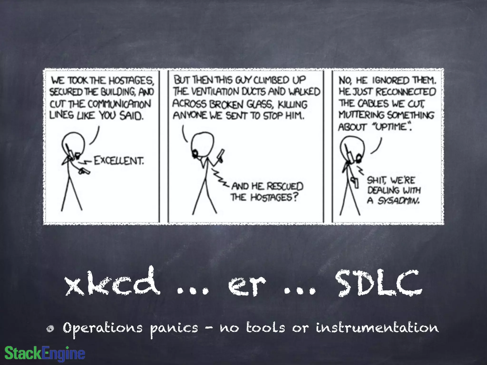 xkcd … er … SDLC 
Operations panics - no tools or instrumentation 
 