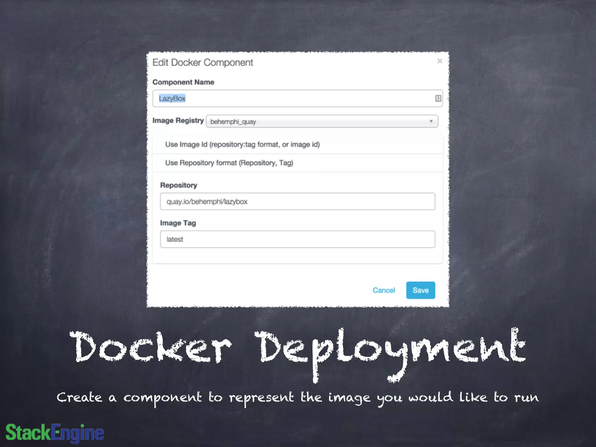 Docker Deployment 
Create a component to represent the image you would like to run 
 