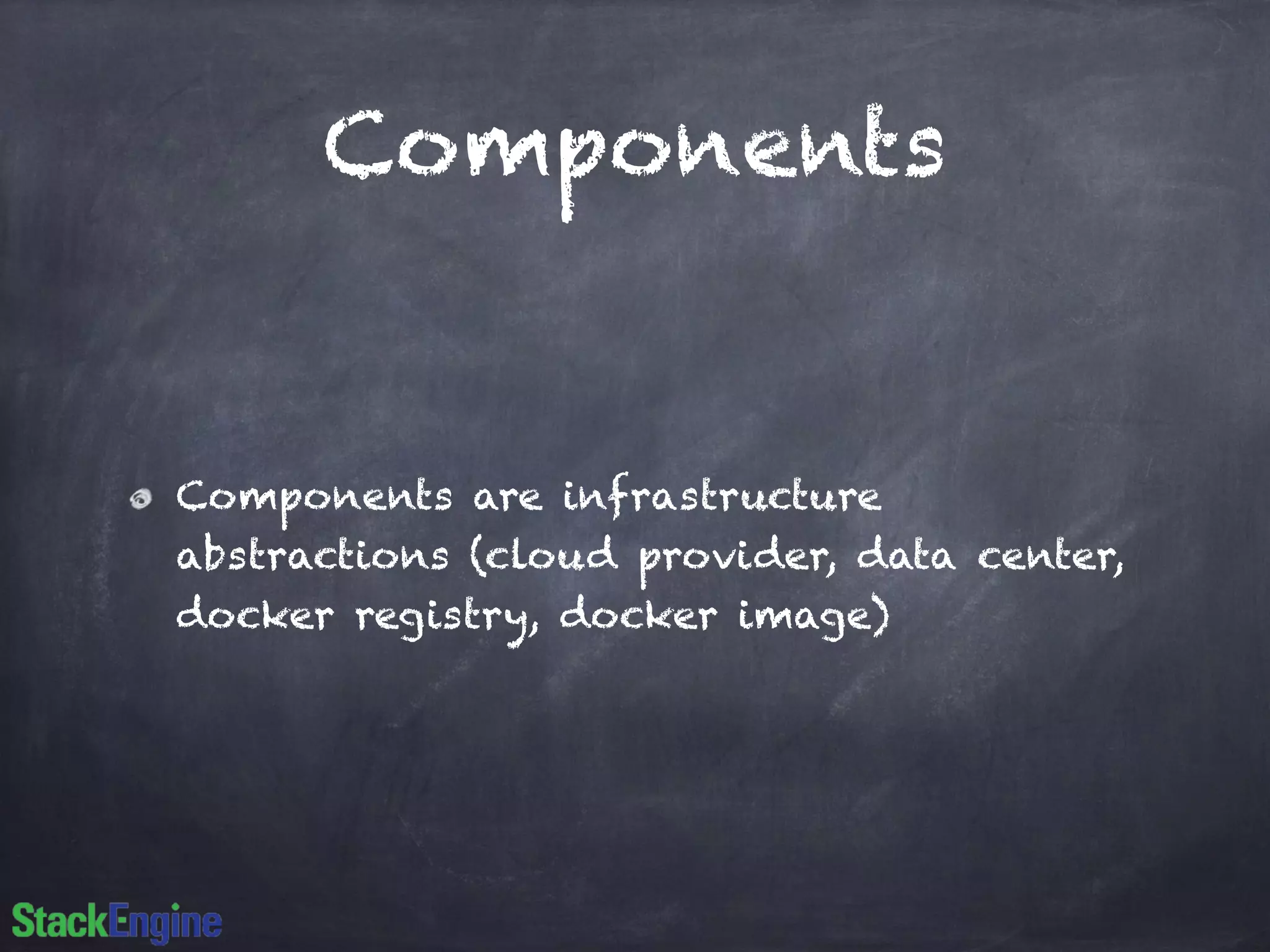 Components 
Components are infrastructure 
abstractions (cloud provider, data center, 
docker registry, docker image) 
 