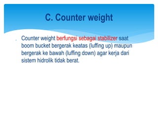  Counter weight berfungsi sebagai stabilizer saat
boom bucket bergerak keatas (luffing up) maupun
bergerak ke bawah (luffing down) agar kerja dari
sistem hidrolik tidak berat.
C. Counter weight
 