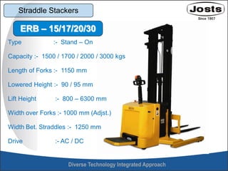 Straddle Stackers
Type :- Stand – On
Capacity :- 1500 / 1700 / 2000 / 3000 kgs
Length of Forks :- 1150 mm
Lowered Height :- 90 / 95 mm
Lift Height :- 800 – 6300 mm
Width over Forks :- 1000 mm (Adjst.)
Width Bet. Straddles :- 1250 mm
Drive :- AC / DC
ERB – 15/17/20/30
 