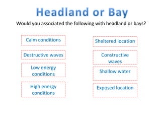 Would you associated the following with headland or bays? Calm conditions Destructive waves Constructive waves Low energy conditions Shallow water High energy conditions Exposed location Sheltered location 