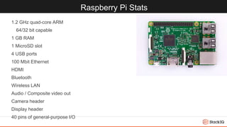 Raspberry Pi Stats
1.2 GHz quad-core ARM
64/32 bit capable
1 GB RAM
1 MicroSD slot
4 USB ports
100 Mbit Ethernet
HDMI
Bluetooth
Wireless LAN
Audio / Composite video out
Camera header
Display header
40 pins of general-purpose I/O
 