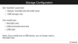 Storage Configuration
Set “bootdisk” parameter
• Default: mmcblk0 (the MicroSD card)
• USB storage: sda
Can install onto:
• MicroSD card
• USB-connected hard disk
• USB stick
Note: If you install onto a USB device, you no longer need a
MicroSD card
 