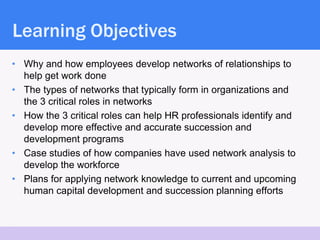Learning Objectives
    • Why and how employees develop networks of relationships to
      help get work done
    • The ty...