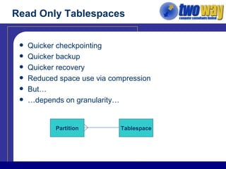 Read Only Tablespaces Quicker checkpointing Quicker backup Quicker recovery Reduced space use via compression But… … depends on granularity… Partition Tablespace 