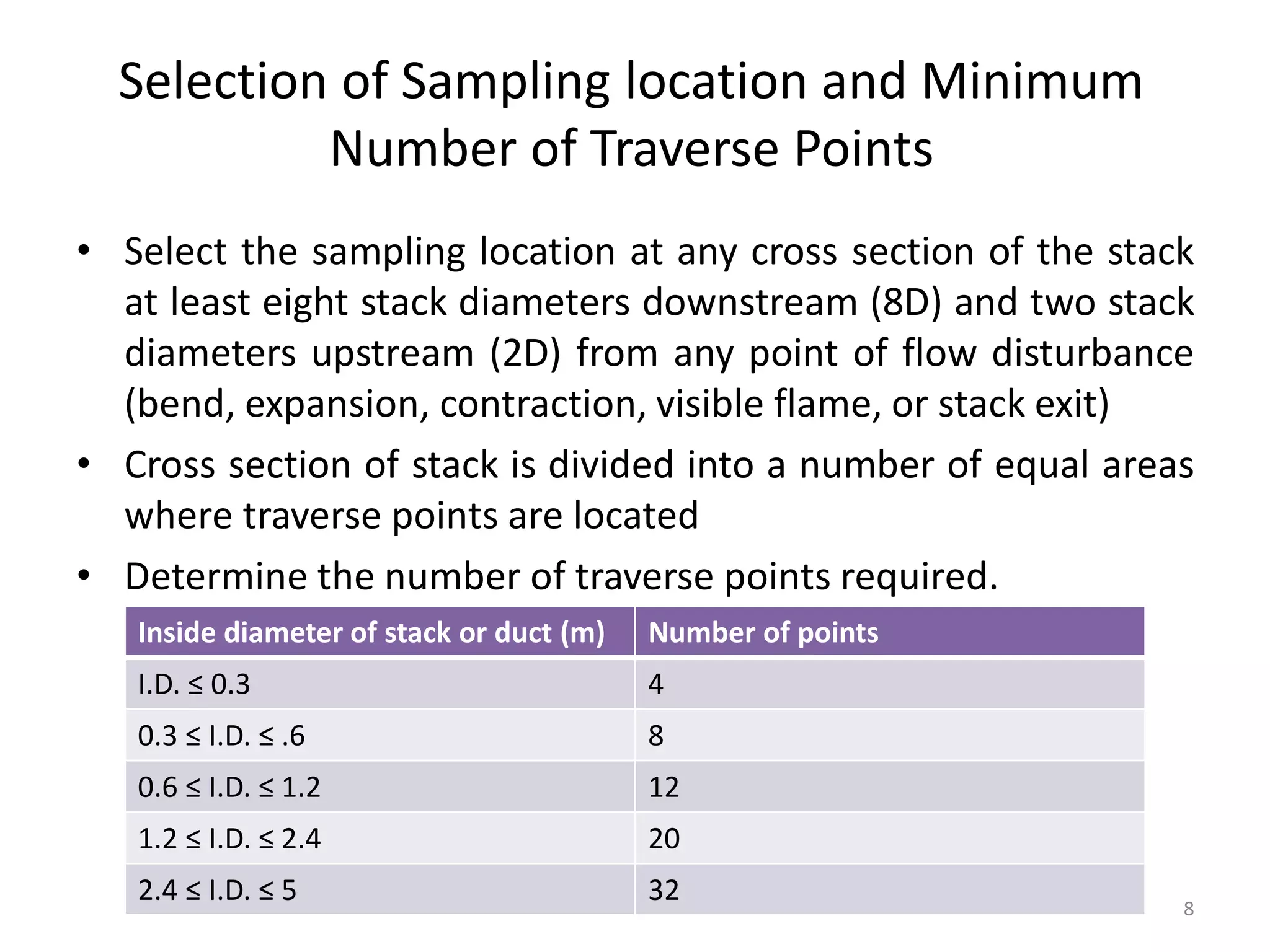 Selection of Sampling location and Minimum
Number of Traverse Points
• Select the sampling location at any cross section of the stack
at least eight stack diameters downstream (8D) and two stack
diameters upstream (2D) from any point of flow disturbance
(bend, expansion, contraction, visible flame, or stack exit)
• Cross section of stack is divided into a number of equal areas
where traverse points are located
• Determine the number of traverse points required.
Inside diameter of stack or duct (m) Number of points
I.D. ≤ 0.3 4
0.3 ≤ I.D. ≤ .6 8
0.6 ≤ I.D. ≤ 1.2 12
1.2 ≤ I.D. ≤ 2.4 20
2.4 ≤ I.D. ≤ 5 32 8
 