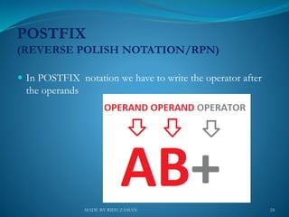POSTFIX
(REVERSE POLISH NOTATION/RPN)
 In POSTFIX notation we have to write the operator after
the operands
24MADE BY RIDA ZAMAN
 