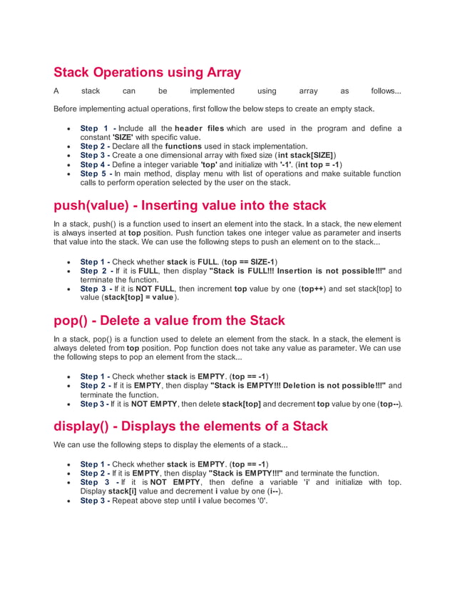 Stack operations using array | DOCX | Programming Languages | Computing