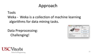 Approach
Tools
Weka - Weka is a collection of machine learning
algorithms for data mining tasks.
Data Preprocessing:
Challenging!
23
 