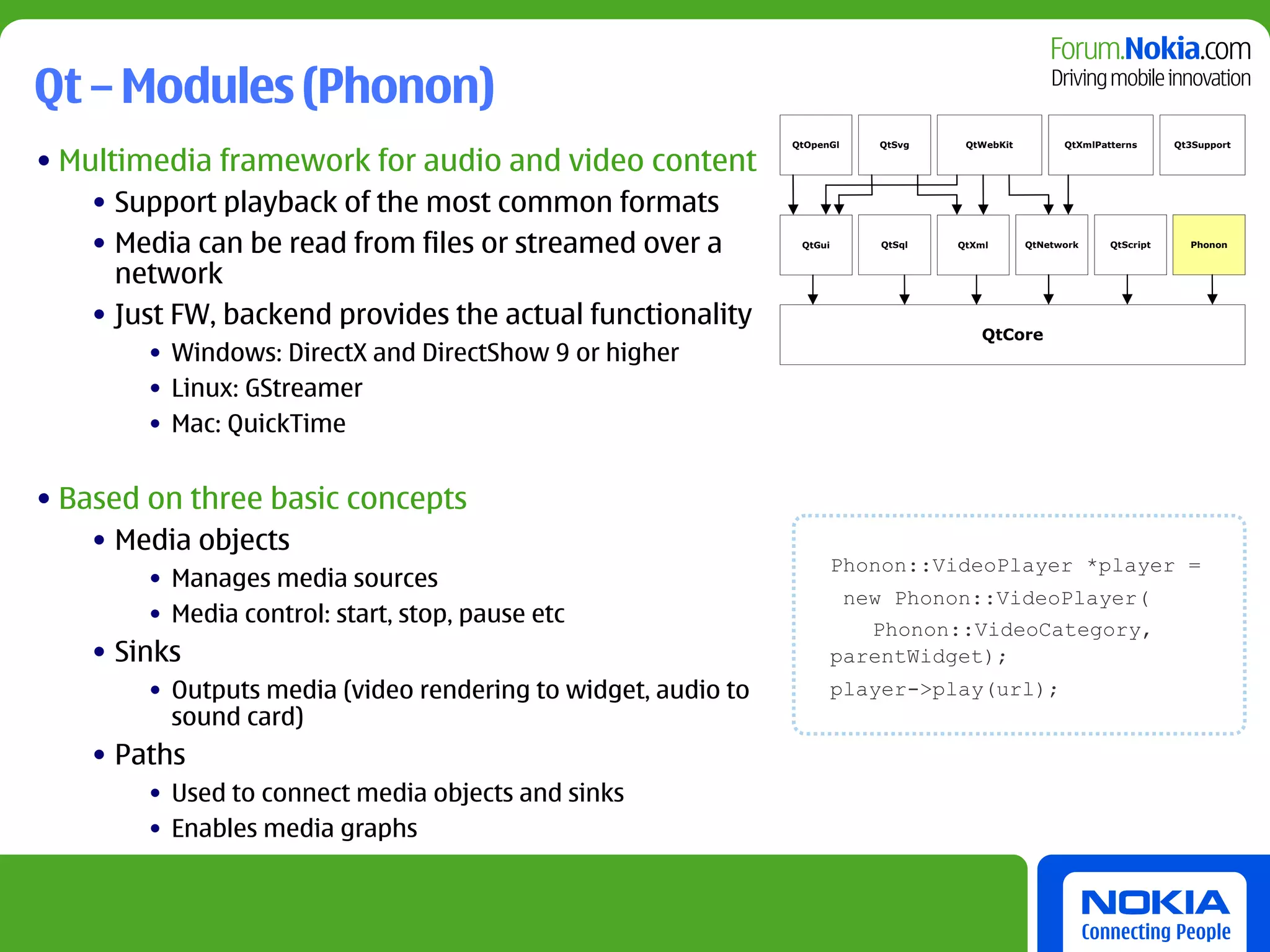 Qt – Modules (Phonon)
                                                               QtOpenGl    QtSvg    QtWebKit         QtXmlPatterns      Qt3Support

• Multimedia framework for audio and video content
    • Support playback of the most common formats
    • Media can be read from files or streamed over a           QtGui      QtSql   QtXml       QtNetwork     QtScript     Phonon



      network
    • Just FW, backend provides the actual functionality
                                                                                      QtCore
        • Windows: DirectX and DirectShow 9 or higher
        • Linux: GStreamer
        • Mac: QuickTime


• Based on three basic concepts
    • Media objects
                                                                        Phonon::VideoPlayer *player =
        • Manages media sources
                                                                         new Phonon::VideoPlayer(
        • Media control: start, stop, pause etc
                                                                           Phonon::VideoCategory,
    • Sinks                                                             parentWidget);
        • Outputs media (video rendering to widget, audio to            player->play(url);
          sound card)
    • Paths
        • Used to connect media objects and sinks
        • Enables media graphs
 