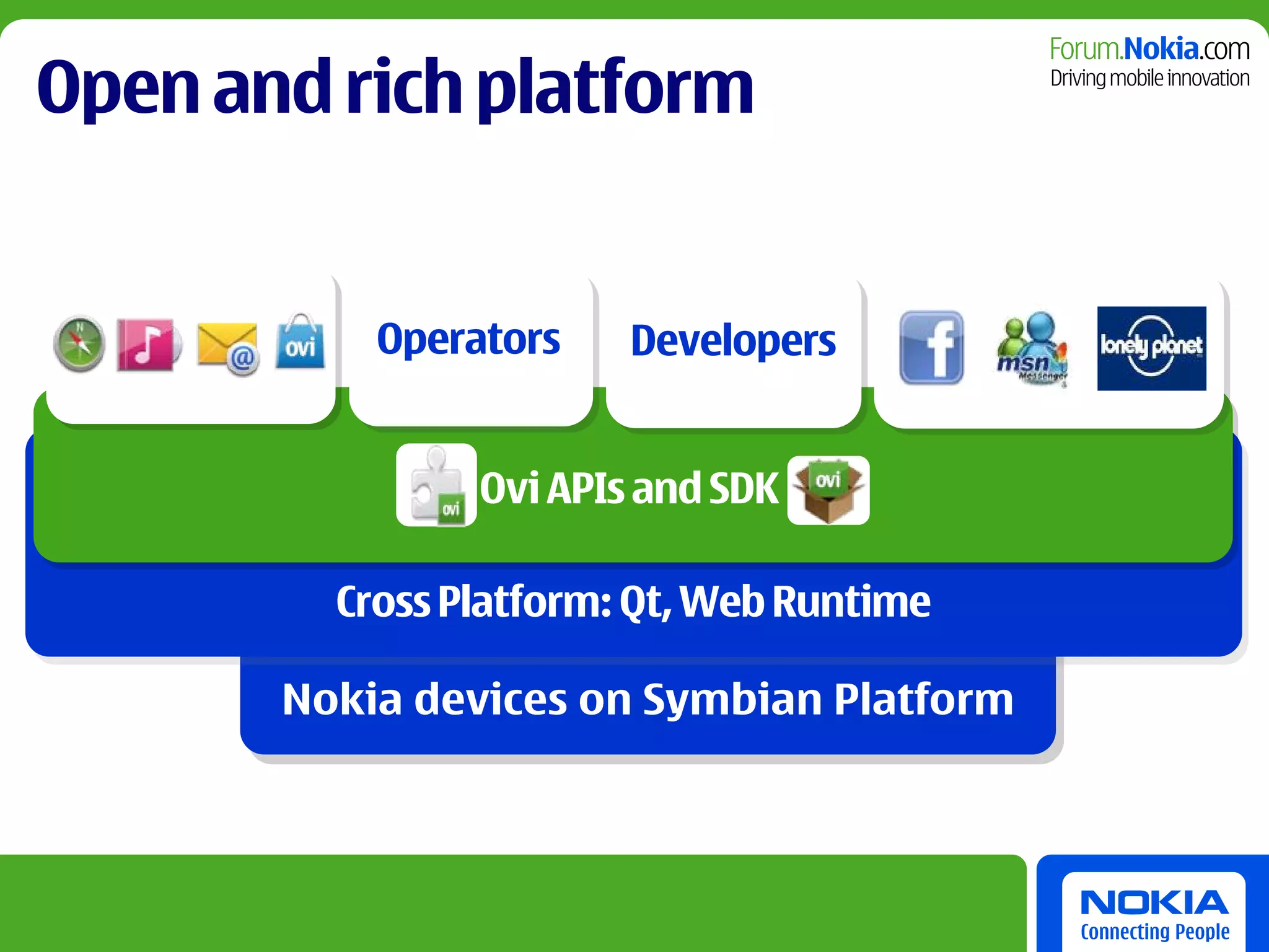 Open and rich platform


           Operators    Developers


                Ovi APIs and SDK

         Cross Platform: Qt, Web Runtime

       Nokia devices on Symbian Platform
 