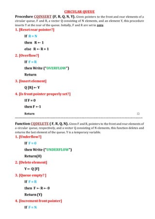 CIRCULAR QUEUE
Procedure CQINSERT (F, R, Q, N, Y). Given pointers to the front and rear elements of a
circular queue, F and R, a vector Q consisting of N elements, and an element Y, this procedure
inserts Y at the rear of the queue. Initially, F and R are set to zero.
1. [Reset rear pointer?]
If R = N
then R ← 1
else R ← R + 1
2. [Overflow?]
If F = R
then Write (“OVERFLOW”)
Return
3. [Insert element]
Q [R] ← Y
4. [Is front pointer properly set?]
If F = 0
then F ←1
Return □
--------------------------------------------------------------------------------------------------------------------------
Function CQDELETE ( F, R, Q, N). Given F and R, pointers to the front and rear elements of
a circular queue, respectively, and a vector Q consisting of N elements, this function deletes and
returns the last element of the queue. Y is a temporary variable.
1. [Underflow?]
If F = 0
then Write (“UNDERFLOW”)
Return(0)
2. [Delete element]
Y ← Q [F]
3. [Queue empty? ]
If F = R
then F ← R ← 0
Return(Y)
4. [Increment front pointer]
If F = N
 