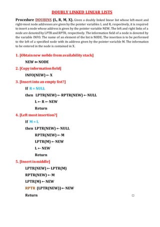DOUBLY LINKED LINEAR LISTS
Procedure DOUBINS (L, R, M, X). Given a doubly linked linear list whose left-most and
right-most node addresses are given by the pointer variables L and R, respectively, it is required
to insert a node whose address is given by the pointer variable NEW. The left and right links of a
node are denoted by LPTR and RPTR, respectively. The information field of a node is denoted by
the variable INFO. The name of an element of the list is NODE. The insertion is to be performed
to the left of a specified node with its address given by the pointer variable M. The information
to be entered in the node is contained in X.
1. [Obtainnew no0de from availability stack]
NEW ⇐ NODE
2. [Copy informationfield]
INFO(NEW) ← X
3. [Insert into an empty list?]
If R = NULL
then LPTR(NEW) ← RPTR(NEW) ← NULL
L ← R ← NEW
Return
4. [Left most insertion?]
If M = L
then LPTR(NEW) ← NULL
RPTR(NEW) ← M
LPTR(M) ← NEW
L ← NEW
Return
5. [Insert inmiddle]
LPTR(NEW) ← LPTR(M)
RPTR(NEW) ← M
LPTR(M) ← NEW
RPTR (LPTR(NEW))← NEW
Return □
 