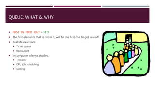 QUEUE: WHAT & WHY
 FIRST IN FIRST OUT = FIFO
 The first elements that is put in it, will be the first one to get served!
 Real life examples:
 Ticket queue
 Restaurant
 In computer science studies:
 Threads
 CPU job scheduling
 Sorting
 