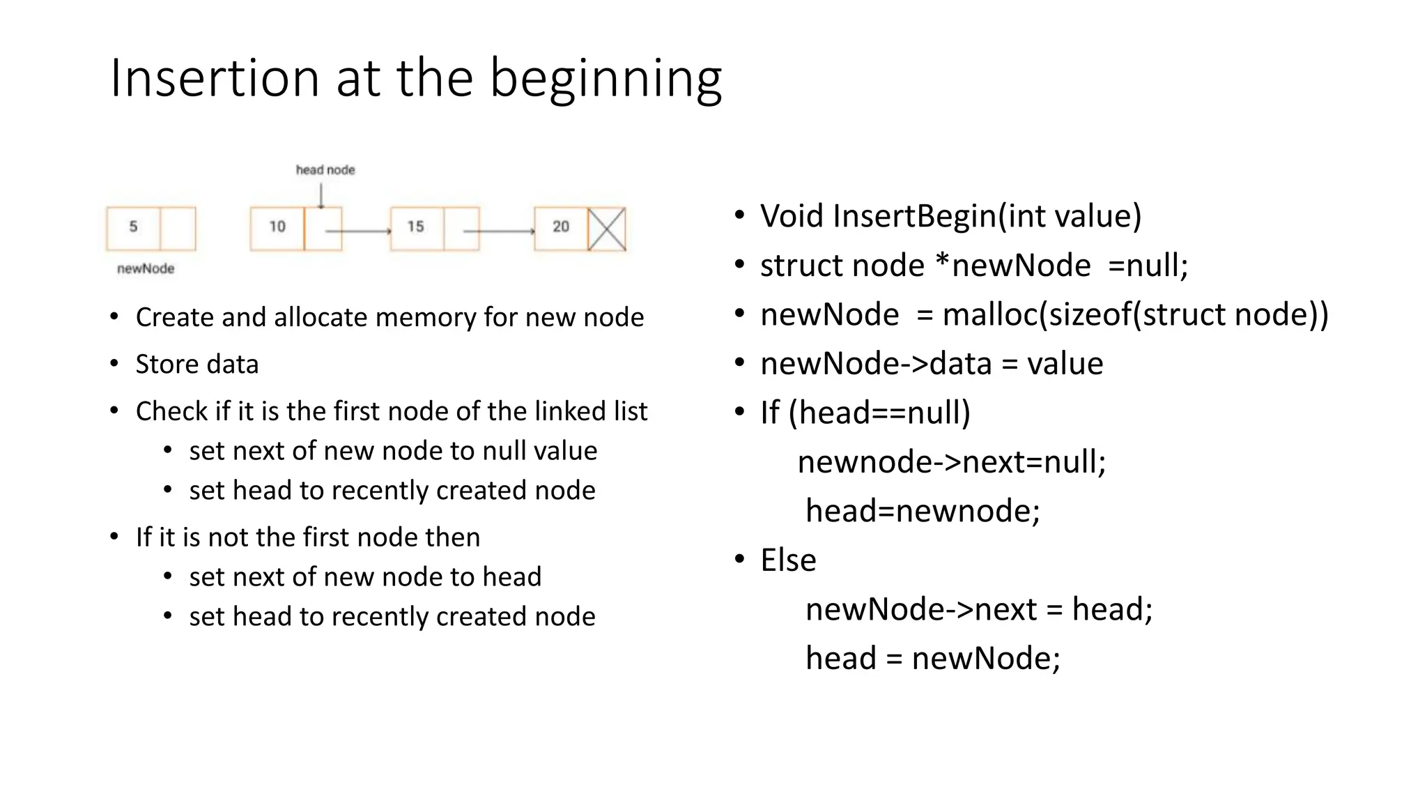 Insertion at the beginning
&bull; Create and allocate memory for new node
&bull; Store data
&bull; Check if it is the first node of the linked list
&bull; set next of new node to null value
&bull; set head to recently created node
&bull; If it is not the first node then
&bull; set next of new node to head
&bull; set head to recently created node
&bull; Void InsertBegin(int value)
&bull; struct node *newNode =null;
&bull; newNode = malloc(sizeof(struct node))
&bull; newNode->data = value
&bull; If (head==null)
newnode->next=null;
head=newnode;
&bull; Else
newNode->next = head;
head = newNode;
 