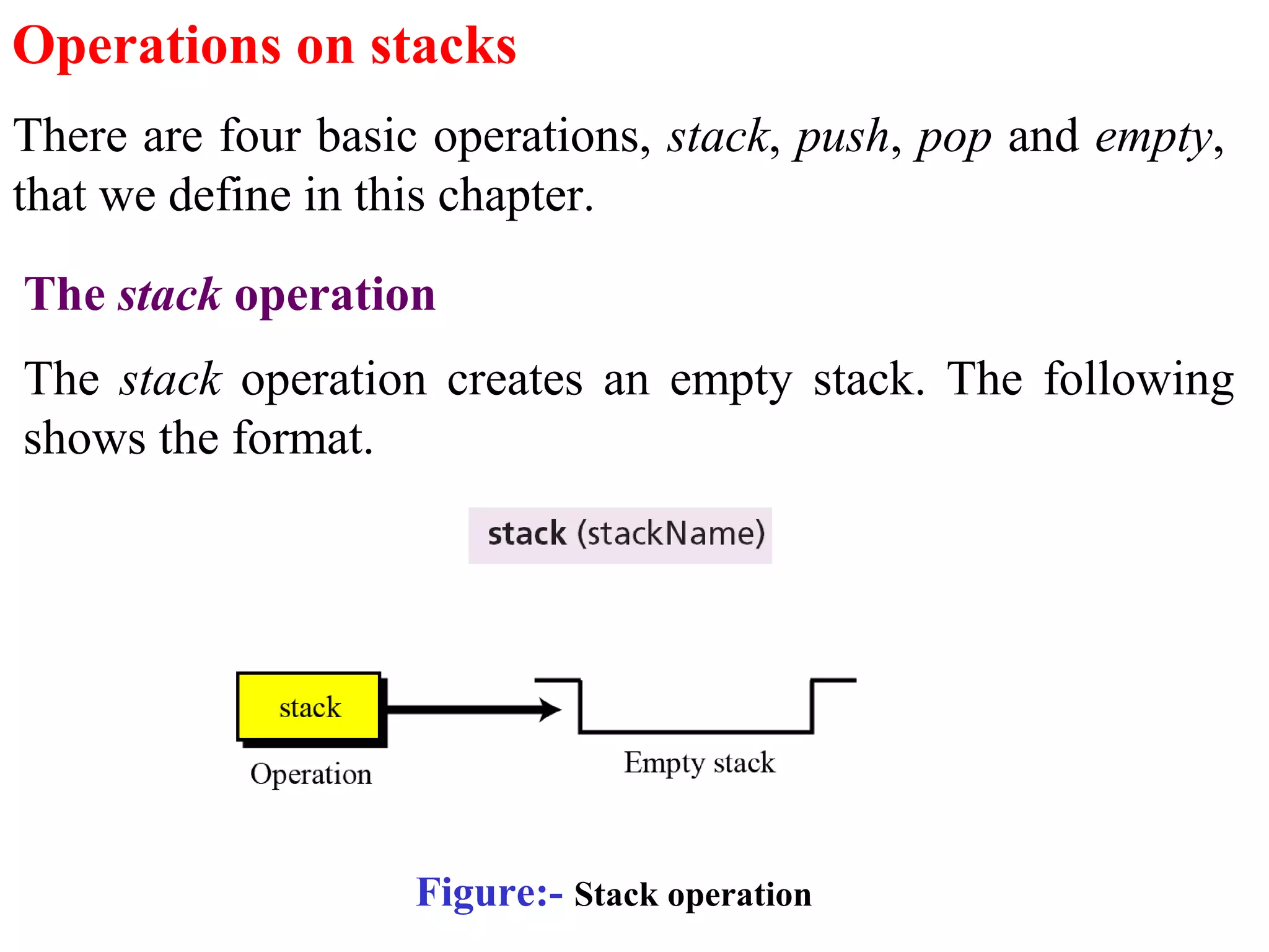 Operations on stacks 
There are four basic operations, stack, push, pop and empty, 
that we define in this chapter. 
The stack operation 
The stack operation creates an empty stack. The following 
shows the format. 
Figure:- Stack operation 
 