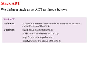 Stack ADT 
We define a stack as an ADT as shown below: 
 