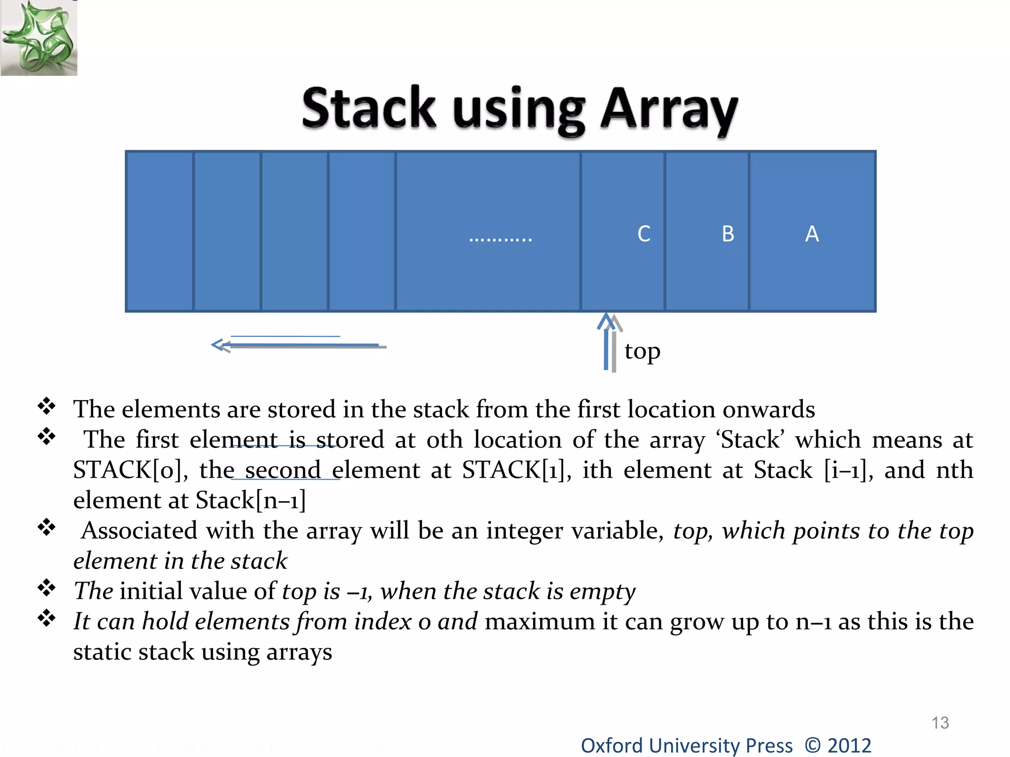 Oxford University Data Structures Using C++ by Dr Varsha Patil Press © 2012 
13 
……….. C B A 
top 
 The elements are stored in the stack from the first location onwards 
 The first element is stored at 0th location of the array ‘Stack’ which means at 
STACK[0], the second element at STACK[1], ith element at Stack [i–1], and nth 
element at Stack[n–1] 
 Associated with the array will be an integer variable, top, which points to the top 
element in the stack 
 The initial value of top is −1, when the stack is empty 
 It can hold elements from index 0 and maximum it can grow up to n−1 as this is the 
static stack using arrays 
 