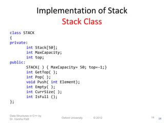 14 
Implementation of Stack 
Stack Class 
class STACK 
{ 
private: 
int Stack[50]; 
int MaxCapacity; 
int top; 
public: 
STACK( ) { MaxCapacity= 50; top=-1;} 
int GetTop( ); 
int Pop( ); 
void Push( int Element); 
int Empty( ); 
int CurrSize( ); 
int IsFull (); 
}; 
Data Structures in C++ by 
Dr. Varsha Patil Oxford University Press © 2012 14 
 