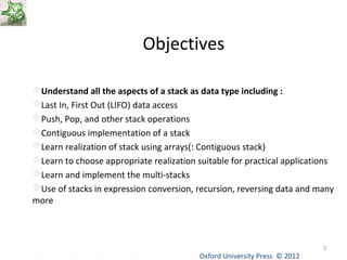 Objectives 
Understand all the aspects of a stack as data type including : 
Last In, First Out (LIFO) data access 
Push, Pop, and other stack operations 
Contiguous implementation of a stack 
Learn realization of stack using arrays(: Contiguous stack) 
Learn to choose appropriate realization suitable for practical applications 
Learn and implement the multi-stacks 
Use of stacks in expression conversion, recursion, reversing data and many 
more 
Oxford University Data Structures Using C++ by Dr Varsha Patil Press © 2012 
3 
 