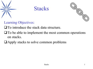Stacks 
Learning Objectives: 
To introduce the stack data structure. 
To be able to implement the most common operations 
Stacks 1 
on stacks. 
Apply stacks to solve common problems 
 