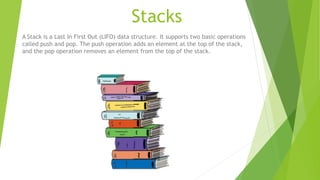 Stacks
A Stack is a Last In First Out (LIFO) data structure. It supports two basic operations
called push and pop. The push operation adds an element at the top of the stack,
and the pop operation removes an element from the top of the stack.
 