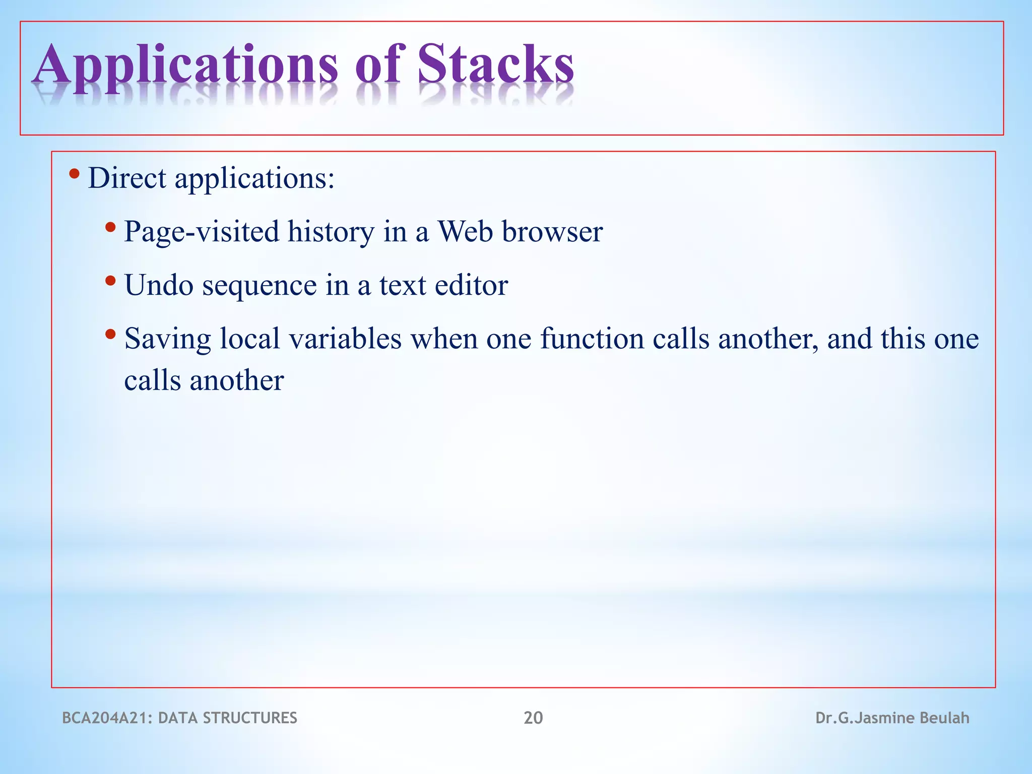 Applications of Stacks
• Direct applications:
• Page-visited history in a Web browser
• Undo sequence in a text editor
• Saving local variables when one function calls another, and this one
calls another
20 Dr.G.Jasmine Beulah
BCA204A21: DATA STRUCTURES
 