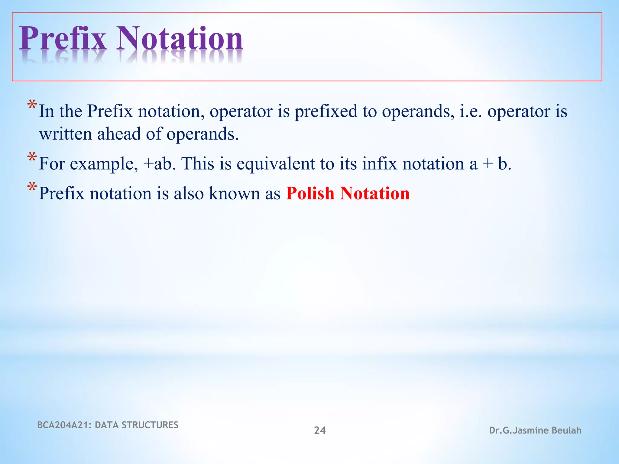 Prefix Notation
*In the Prefix notation, operator is prefixed to operands, i.e. operator is
written ahead of operands.
*For example, +ab. This is equivalent to its infix notation a + b.
*Prefix notation is also known as Polish Notation
BCA204A21: DATA STRUCTURES
24 Dr.G.Jasmine Beulah
 