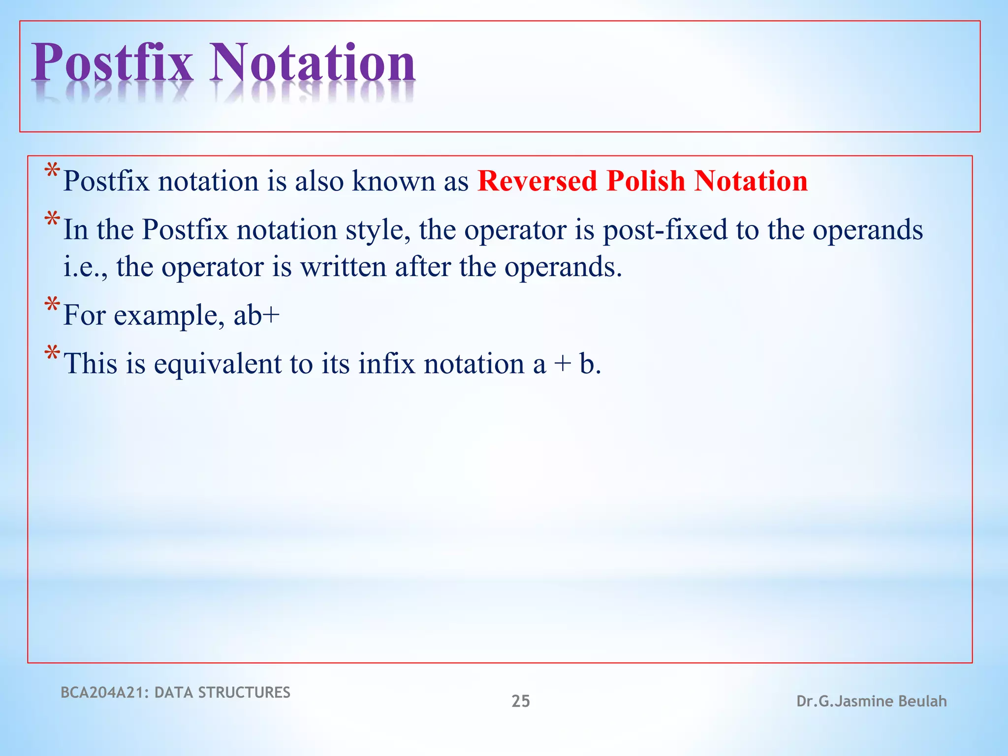 Postfix Notation
*Postfix notation is also known as Reversed Polish Notation
*In the Postfix notation style, the operator is post-fixed to the operands
i.e., the operator is written after the operands.
*For example, ab+
*This is equivalent to its infix notation a + b.
BCA204A21: DATA STRUCTURES
25 Dr.G.Jasmine Beulah
 