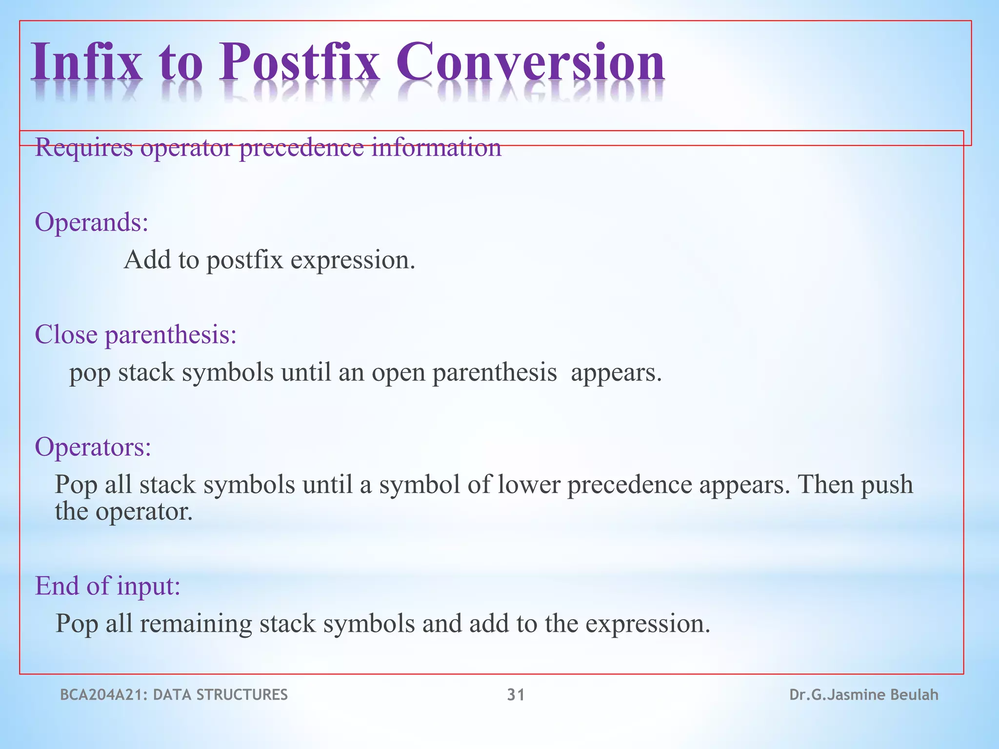 Infix to Postfix Conversion
Requires operator precedence information
Operands:
Add to postfix expression.
Close parenthesis:
pop stack symbols until an open parenthesis appears.
Operators:
Pop all stack symbols until a symbol of lower precedence appears. Then push
the operator.
End of input:
Pop all remaining stack symbols and add to the expression.
BCA204A21: DATA STRUCTURES 31 Dr.G.Jasmine Beulah
 