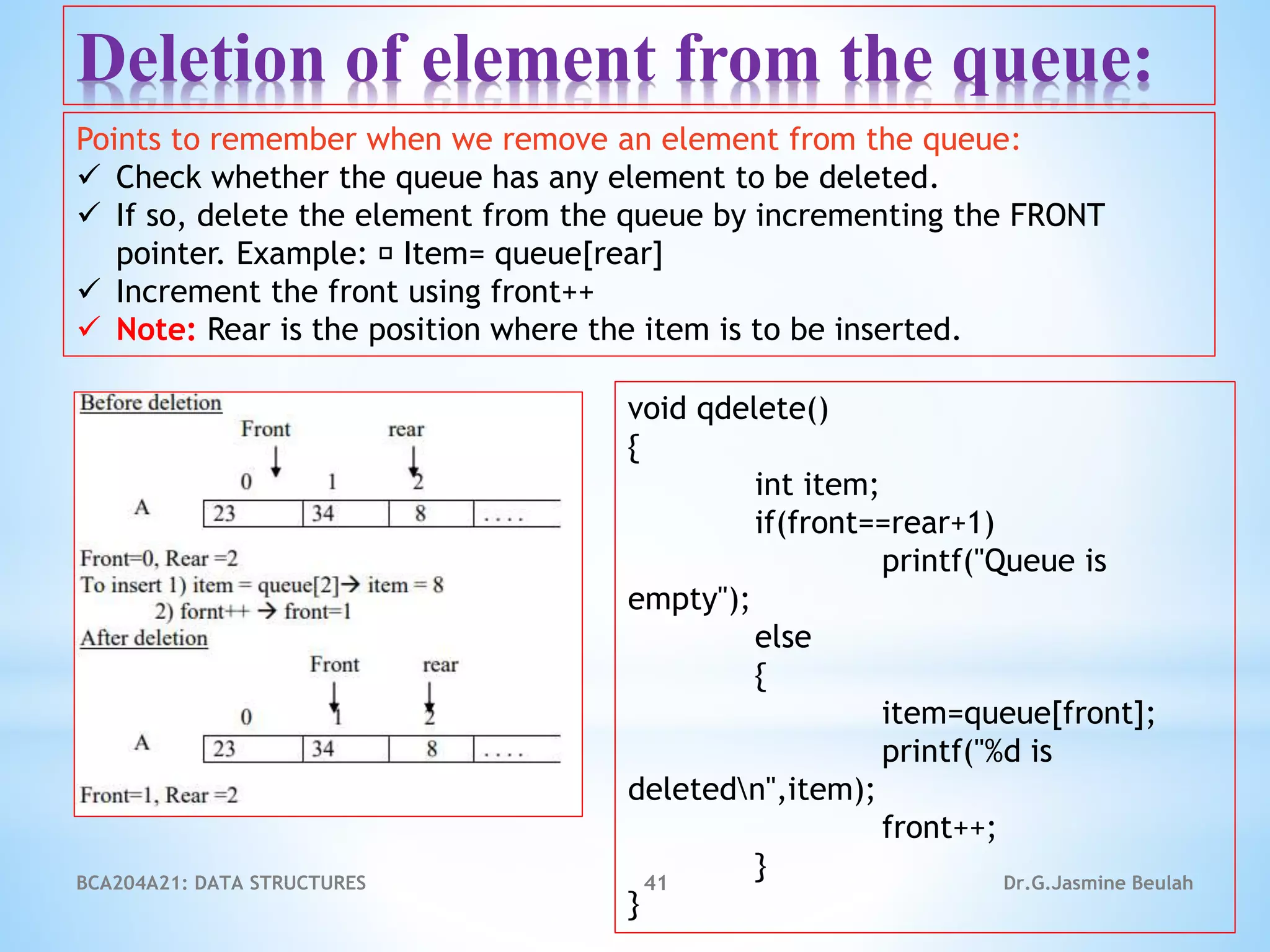 BCA204A21: DATA STRUCTURES 41 Dr.G.Jasmine Beulah
Deletion of element from the queue:
Points to remember when we remove an element from the queue:
 Check whether the queue has any element to be deleted.
 If so, delete the element from the queue by incrementing the FRONT
pointer. Example: Item= queue[rear]
 Increment the front using front++
 Note: Rear is the position where the item is to be inserted.
void qdelete()
{
int item;
if(front==rear+1)
printf("Queue is
empty");
else
{
item=queue[front];
printf("%d is
deletedn",item);
front++;
}
}
 