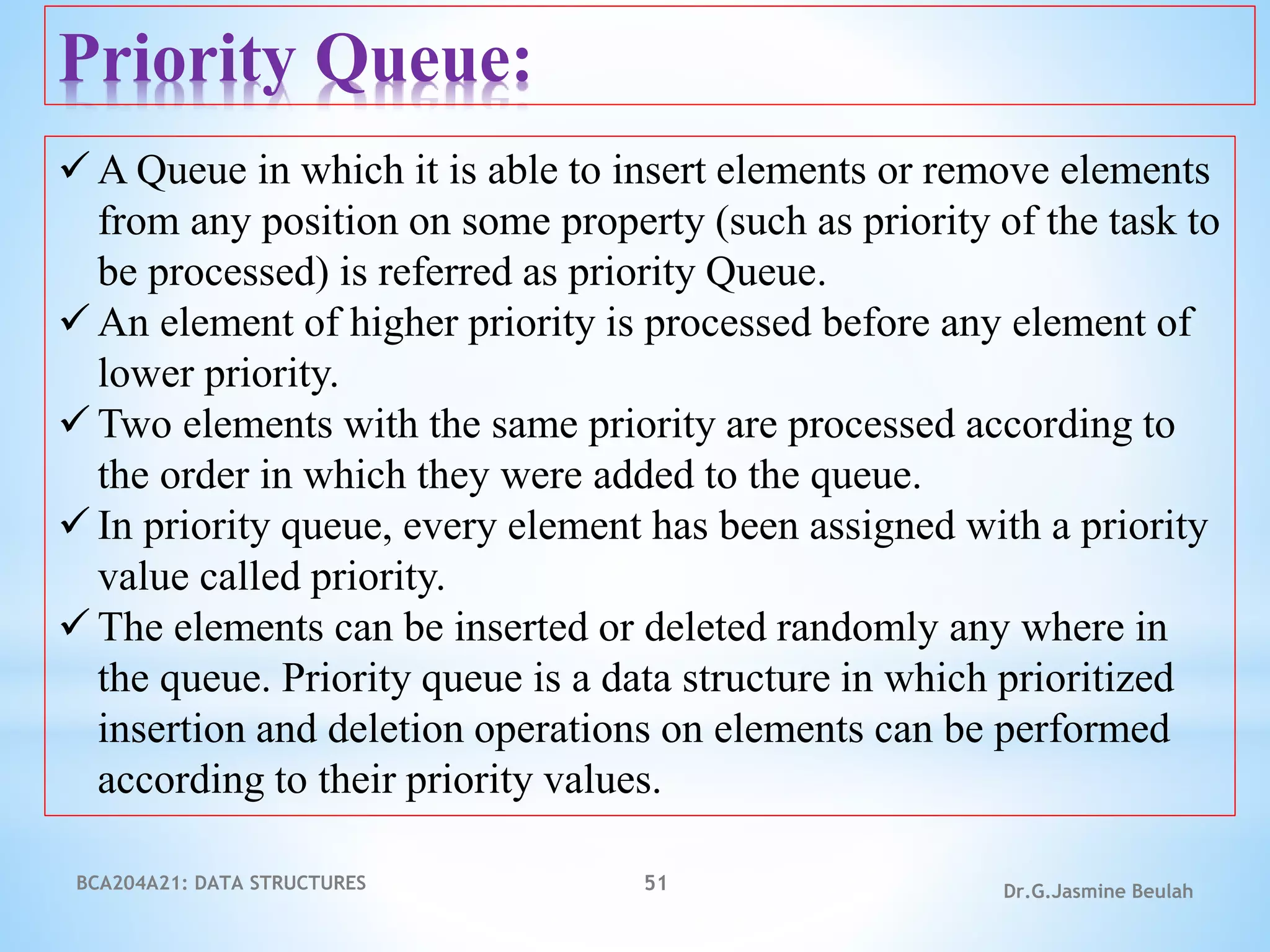 BCA204A21: DATA STRUCTURES 51 Dr.G.Jasmine Beulah
Priority Queue:
 A Queue in which it is able to insert elements or remove elements
from any position on some property (such as priority of the task to
be processed) is referred as priority Queue.
 An element of higher priority is processed before any element of
lower priority.
 Two elements with the same priority are processed according to
the order in which they were added to the queue.
 In priority queue, every element has been assigned with a priority
value called priority.
 The elements can be inserted or deleted randomly any where in
the queue. Priority queue is a data structure in which prioritized
insertion and deletion operations on elements can be performed
according to their priority values.
 