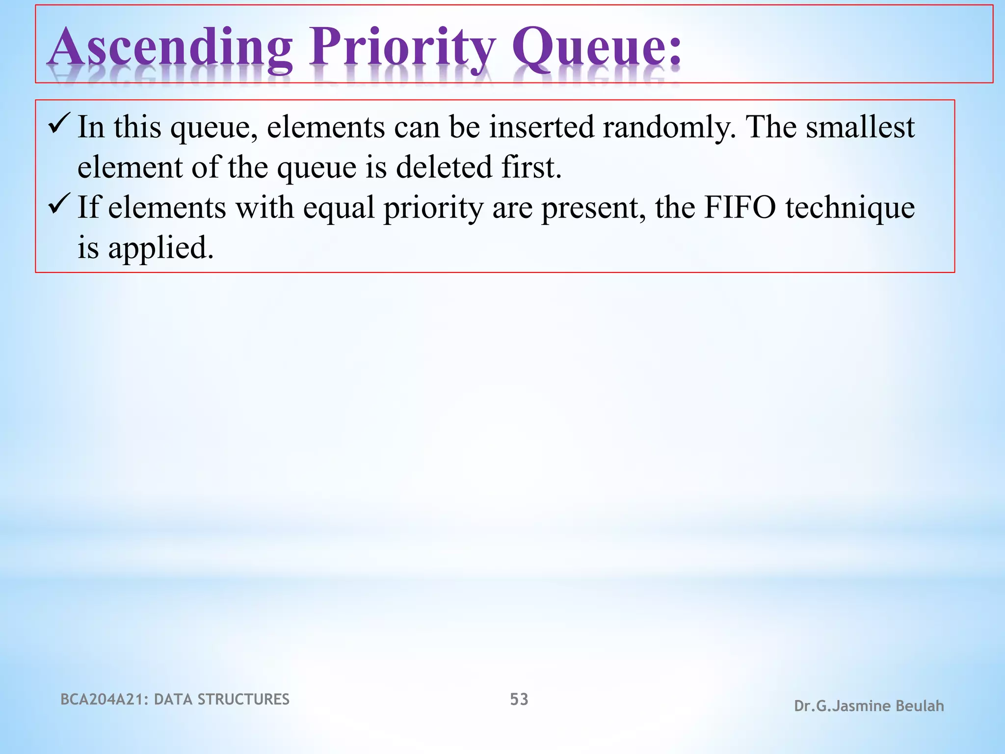 BCA204A21: DATA STRUCTURES 53 Dr.G.Jasmine Beulah
Ascending Priority Queue:
 In this queue, elements can be inserted randomly. The smallest
element of the queue is deleted first.
 If elements with equal priority are present, the FIFO technique
is applied.
 